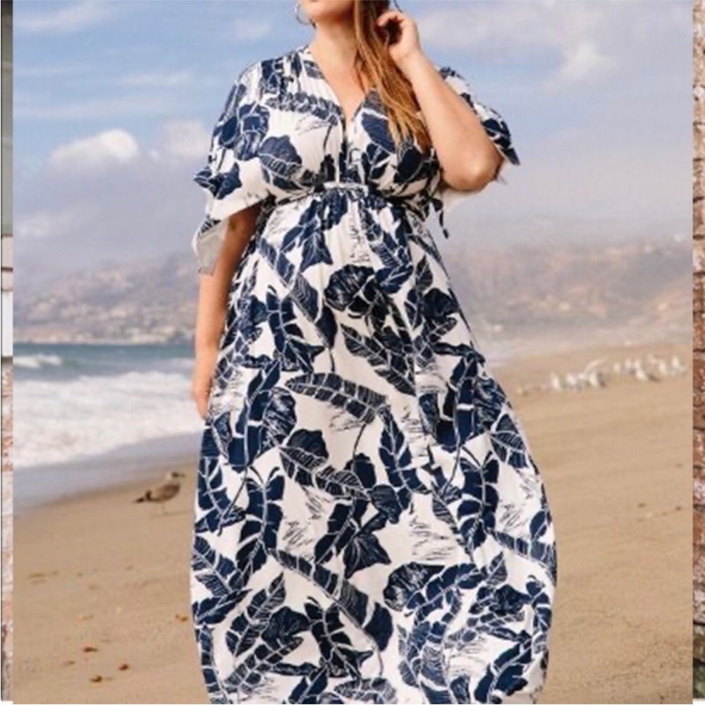 Rachel Pally navy blue white tropical leaf print caftan maxi dress size Small